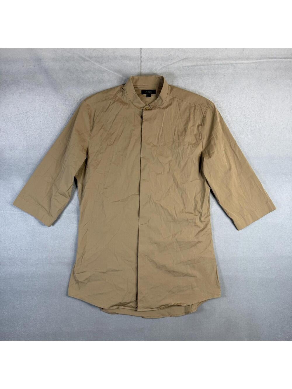 Cos Tunic Shirt Womens Small Khaki 3/4 Sleeve Mandarin Collar Cotton Blend
